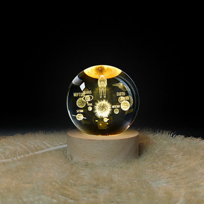 Esfera de vidro de cristal branca de madeira 3D de base de luz de luz LED