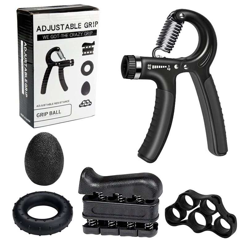 Black 5 Piece Hand Grip Exercise Set Adjustable Hand Gripper Finger Trainer Grip Ring Stress Relief Ball para força do antebraço e do dedo