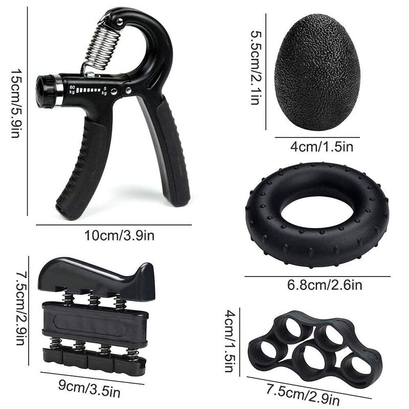 Kit de Fortalecimento de Aperto de Mão 5 Pacote Negro Fornecedor de Aperto Ajustável Exercitador de Dedos Anel de Aperto e Bola de Estresse Para Treinamento de Pênis e Antebraço