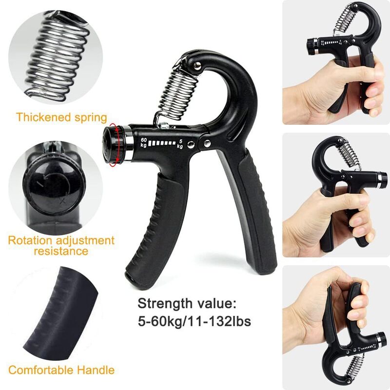 Kit de treino de mão de cinco peças preta ajustável de mão de mão de dedos estendedor de anel de agarre e bola de estresse para força e flexibilidade da mão